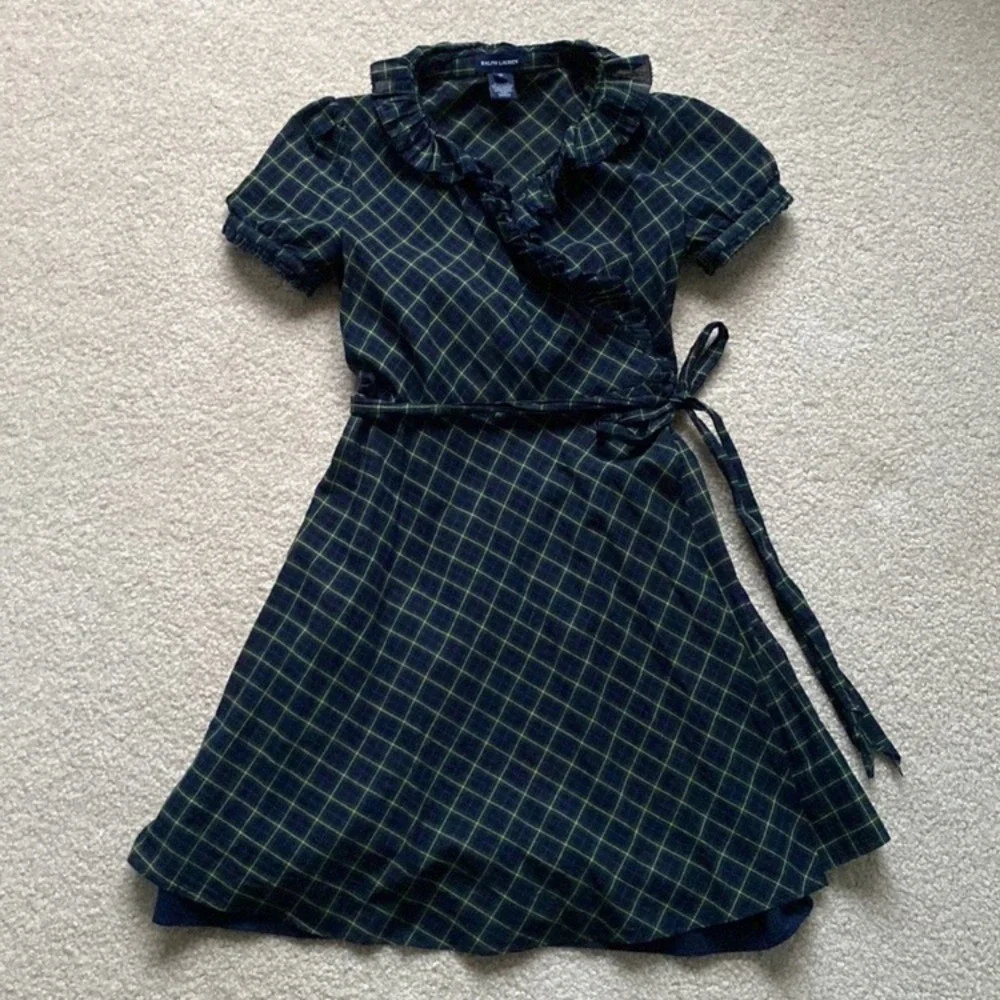 Ralph Lauren Girls Green Navy Plaid Ruffle Wrap Dress Cotton Size 12 Preppy